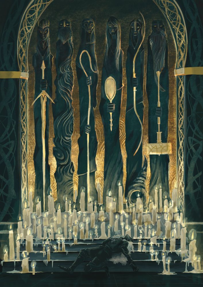 illustration of a dying knight on candle lit steps under a mural of several figures. illustration by Dwyn for Doomspiral - a dark souls inspired ttrpg