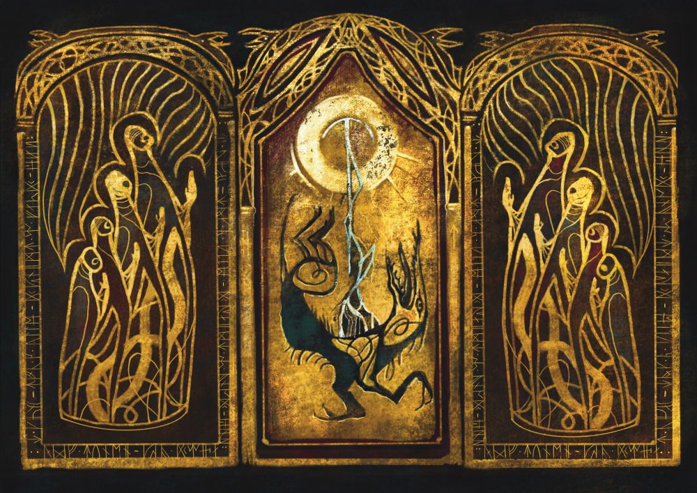 illustration of a three church-like panels inlayed in gold upon a wall. On the outer two panels, various figures pray facing inwards towards a strange creature.
