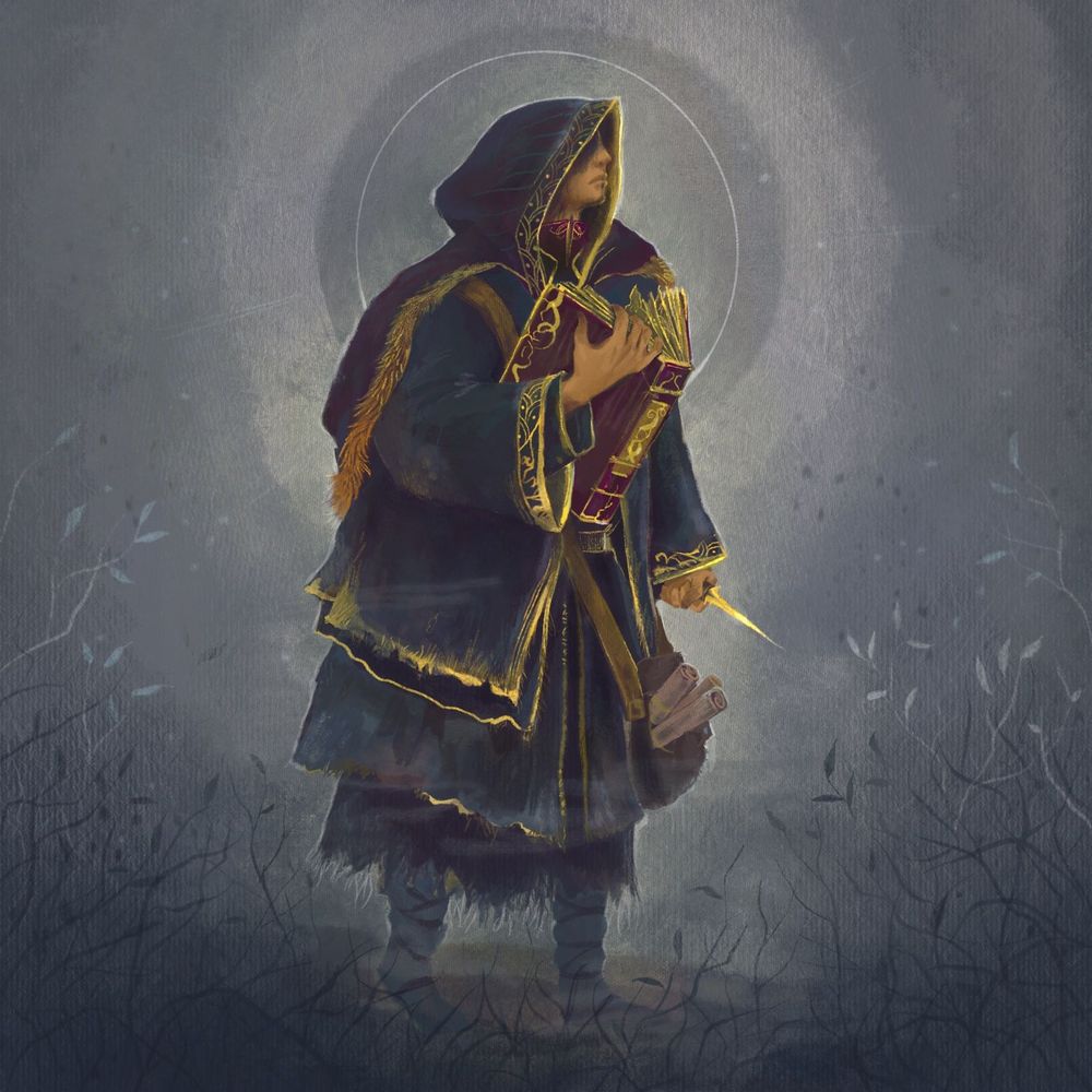 an illustation of a person in lightly tattered blue and gold robes holding a large deep purple spellbook and golden knife. A small leather bag stuffed with scrolls hangs from them. Their face is mostly obscured by the robes largue hood. They stand in amongst a field of faded leaves and are illuminated by a halo of light.