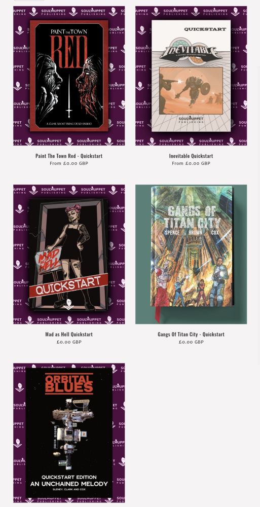 Screenshot of the five free ttrpg quickstarts available on the soulmuppet webstore