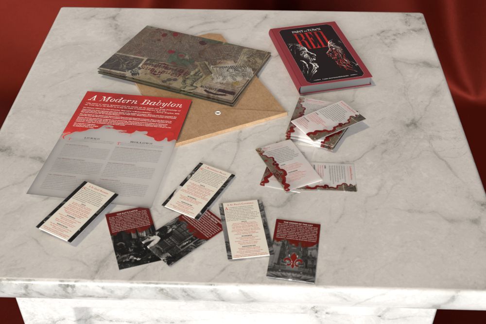 mockup of the paint the town red core book and adventure envelope on a white marble table