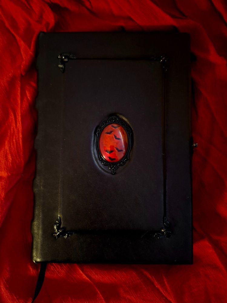 paint the town red deluxe edition by CreativeQuestUK featuring black leather cover embellished with black bats and a blood red central gem. 
sat on a red backdrop