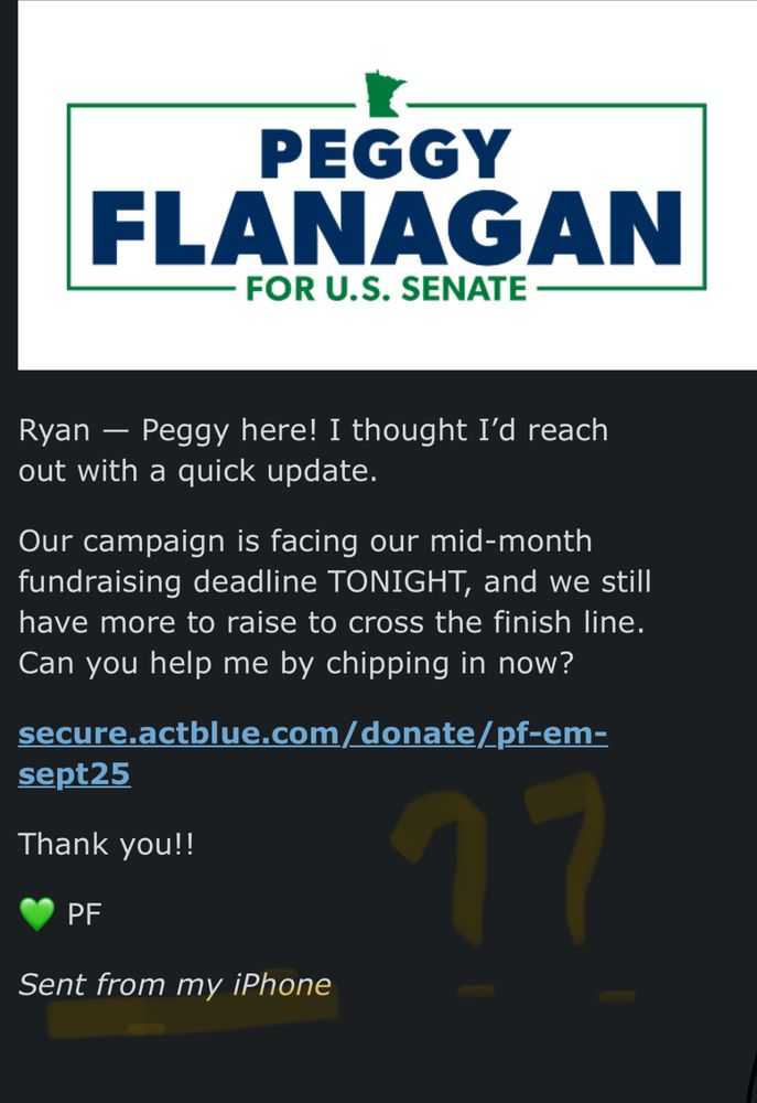Email: “Peggy (Flanagan) here… sent from my iPhone”