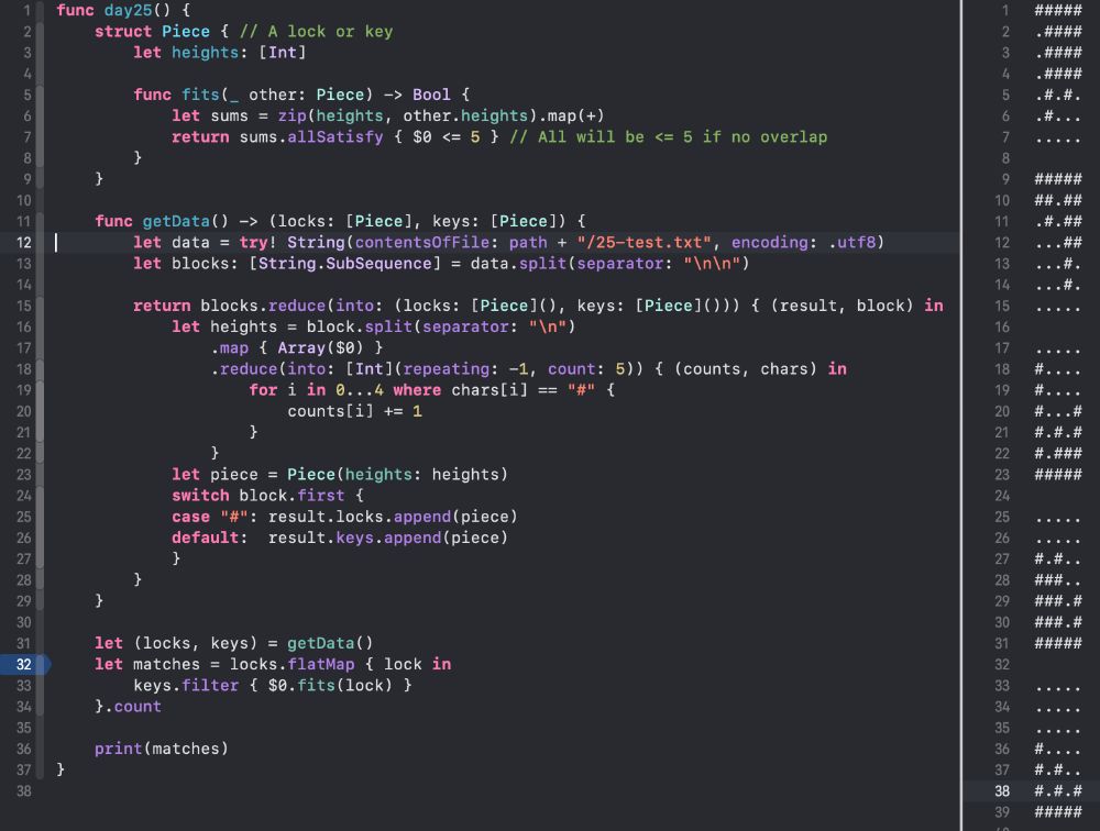 A picture of the code at https://github.com/dcbriccetti/advent-of-code-2024-swift/blob/main/Advent%20of%20Code%202024/25.swift