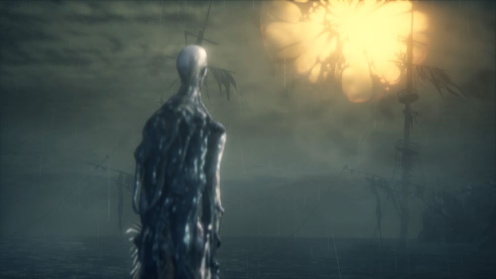 Screenshot du jeu Bloodborne.

On y voit un personnage humanoïde décharné observant le soleil / la lune (ouais, c'est pas très clair).
Il est au bord de la mer et, en face de lui, on peut voir des mats de bateaux coulés.
Le soleil / la lune semble gangrené·e.

Et le screen est flou parce que TOUT LE JEU EST FLOU, OSKOUR, AAAAAAAAH