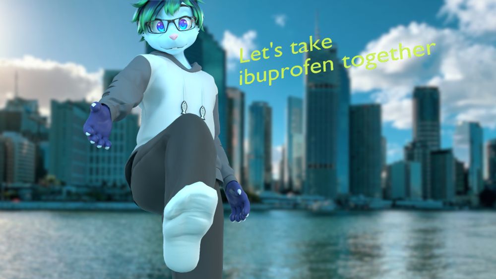 A blue anthropomorphic rabbit extends a hand to the viewer while also raising his foot up to show the white sock on his footpaw. He looks to the viewer with a kind smile with text to the right reading "Let's take ibuprofen together". He is in front of a city that is blurred in the background. 
