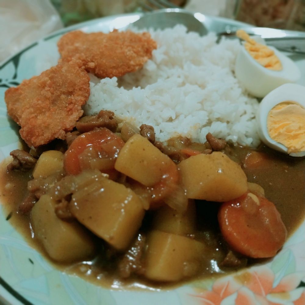 Japanese beef curry rice with chicken katsu and boiled egg