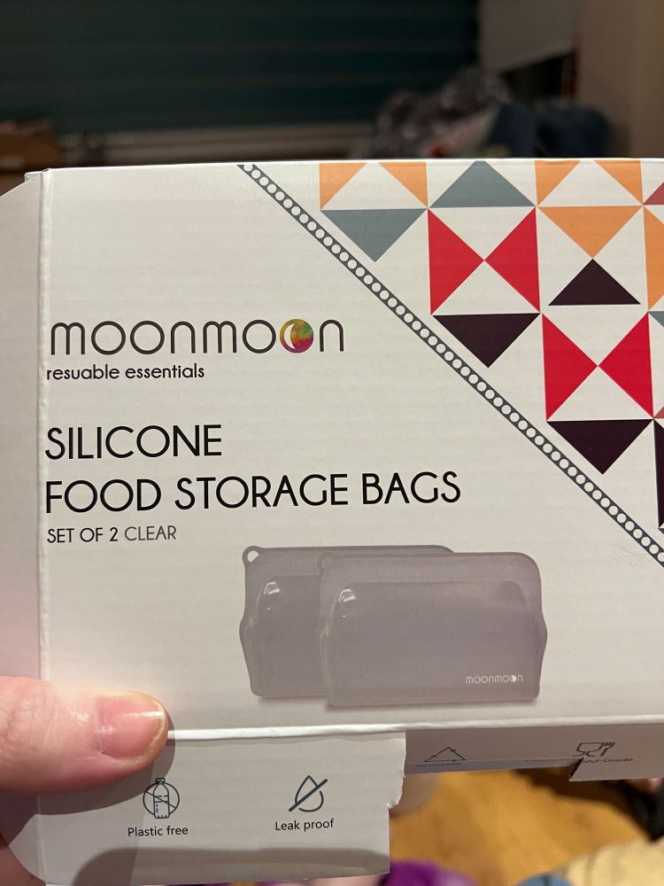 Box of MoonMoon silicone food storage bags. 