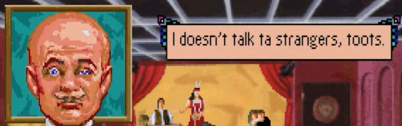 a terrible screenshot from a terrible game where a bald man says "i doesn't talk ta strangers, toots"