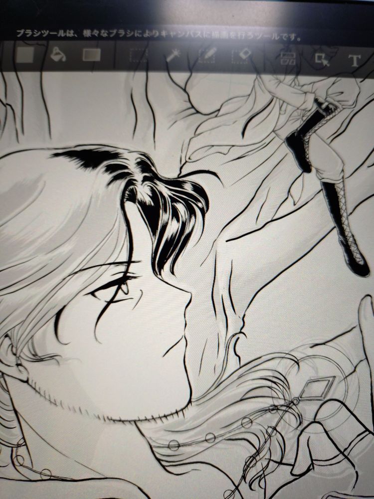 描き途中の原稿。髪を時間かけて塗り塗りしてます