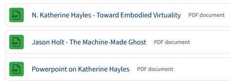 3 texte: 
N. Katherine Hayles - Toward Embodied Virtuality 
Jason Holt - The Machine-Made Ghost 
Powerpoint on Katherine Hayles Datei