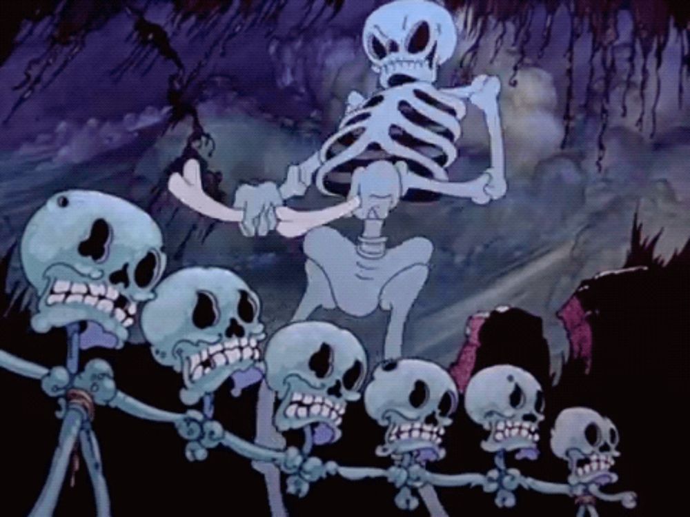 a cartoon of a skeleton holding a bone standing next to a bunch of skulls