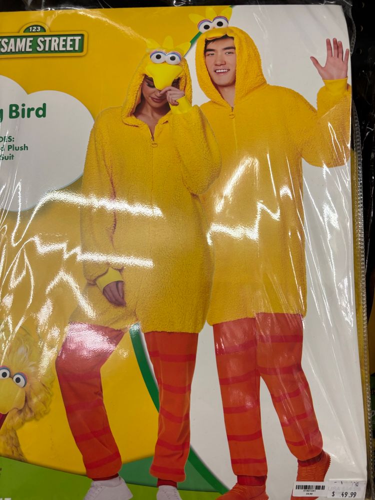 A pair of models in Halloween costumes-the woman is hiding her face 