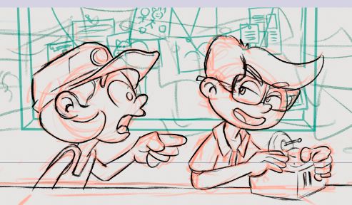 Sketch of two kids arguing against a panel board filled with notes and papers, connected by strings.