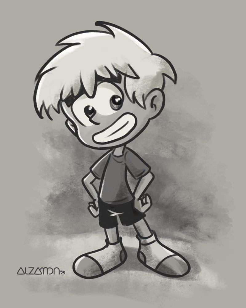 B/w digital sketch of kid character Daniel Whyte in my own version.