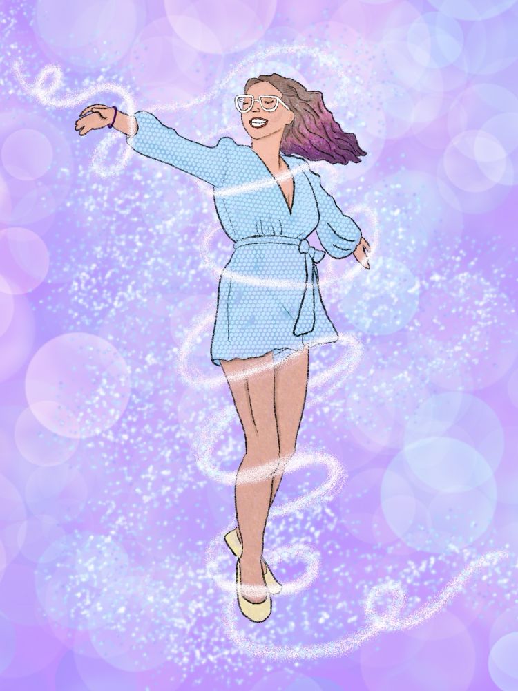 Digital drawing of the artist MKO in a blue romper, spinning around. There is a purple background with sparkles trailing around MKO