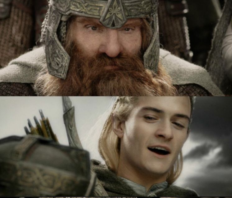 Meme Gimli and Legolas preparing for battle