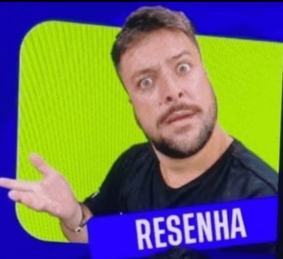 o repórter igor rodrigues encarando a câmera consternado mostrando a palma de uma mão pra cima num gesto de confusão escrito embaixo da imagem a palavra RESENHA