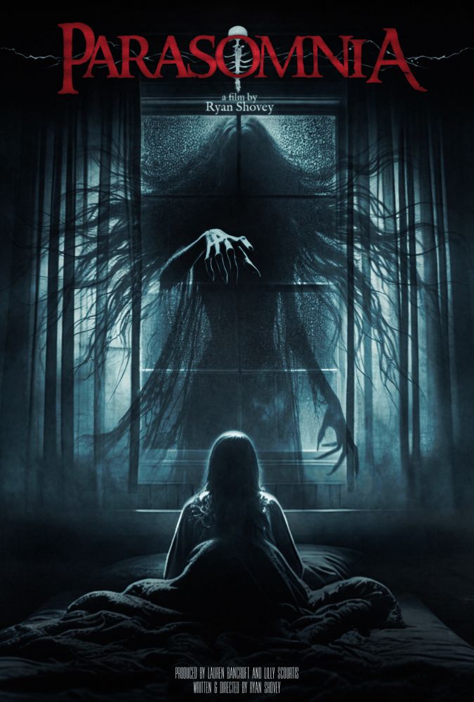 An atmospheric, haunting bedroom where a woman sits in bed while the spectral of a murdered woman with abnormally flowing hair and crinkled fingers reaches out for her. 
