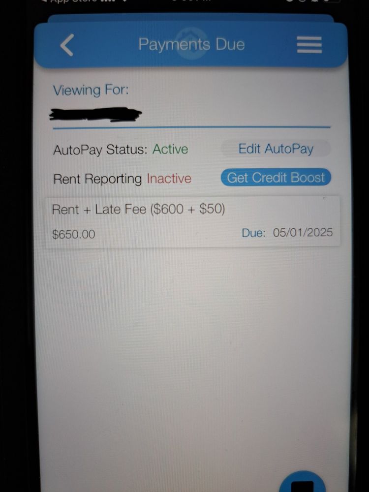 Rent + Late Fee $650 due 05/01/2025