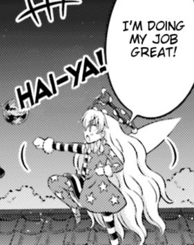 Clownpiece from Touhou Project claiming "I'm doing my job great!" while making a karate pose and shouying "Hai-ya!"