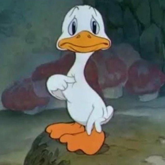 Sad cartoon duck pointing at himself