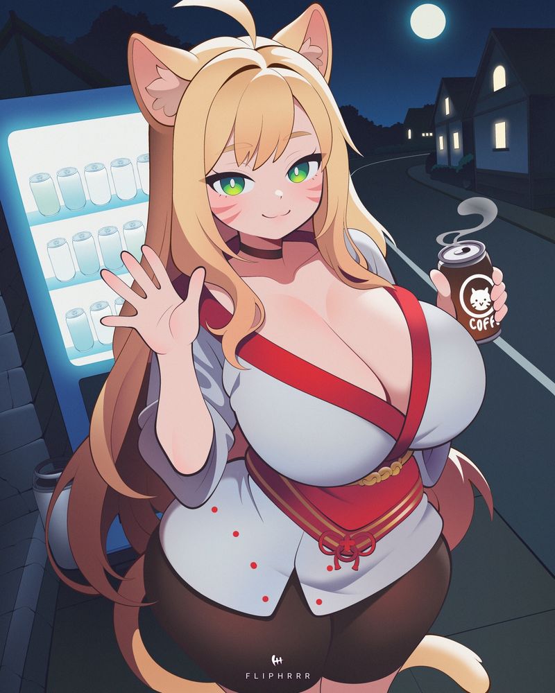 Cat-girl drinking coffee outside at the moonlight