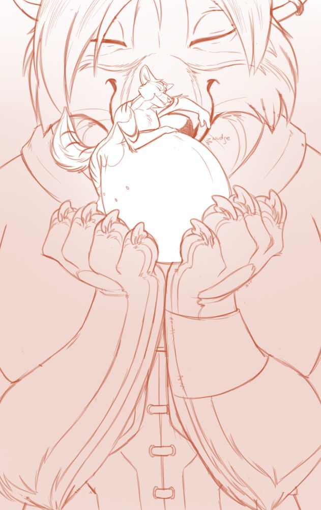 A pic showing my OC Kodi, all big and pregnant, held in the palms of a giant wolf named Garrett… is he the father, who’s to say for sure 🤷‍♂️