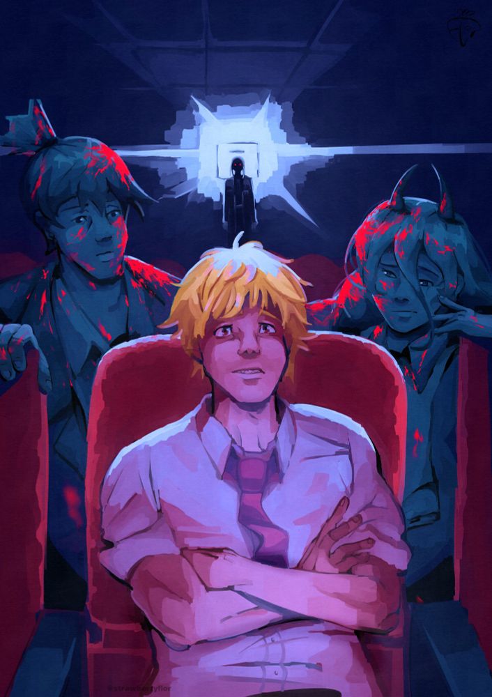 denji sitting in a movie theatre. figures of aki and power sitting behind him covered in blood. an outline of makima in the far back, backlighted by the movie projector.