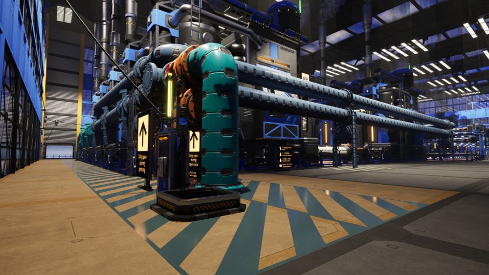 Here we see Refinery's, with color coded water pipes and instructions clearly posted on how to cold-start the Refinery. Floor is marked with caution symbols because Ficsit cares for the safety of its assets, I mean, Pioneers.