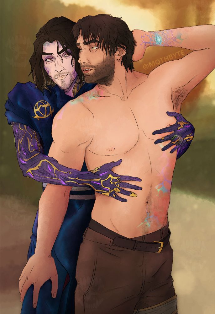 Recreation of BBNO$ cosplaying Viktor (Arcane) and Will Neff cosplaying Jayce Talis (Arcane)
Jayce posing in front of Viktor shirtless and leaning back into him with his left hand raised and showing off the acceleration rune embedded into his wrist, while Viktor holds him from behind, looking back at him with a cog ring (coz they're gay and canon ofc)