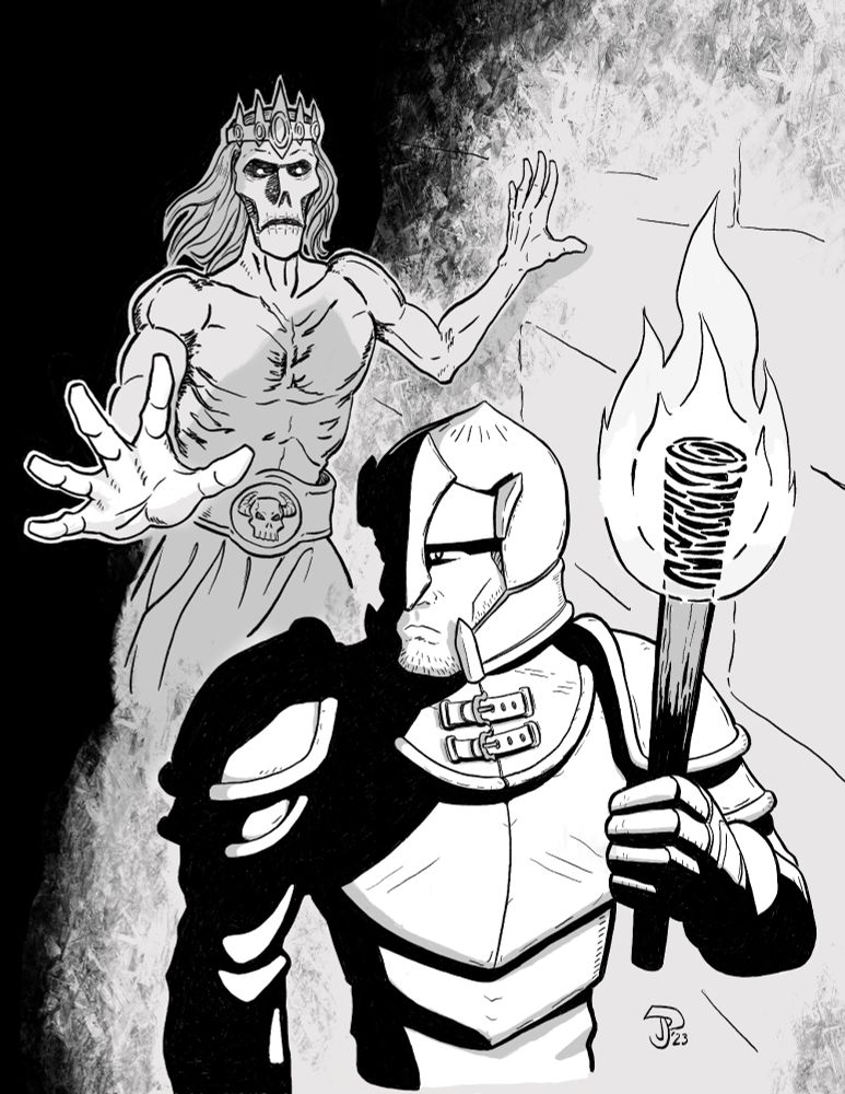 Black and white illustration of a warrior in armor wandering a hallway by torchlight, turning to see a Wight following him.