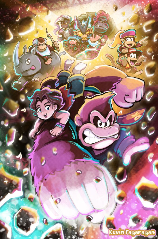 Donkey Kong and Pauline breaking through the ground. As Void Co, Cranky Kong, Rambi, Diddy and Dixie follow from behind.