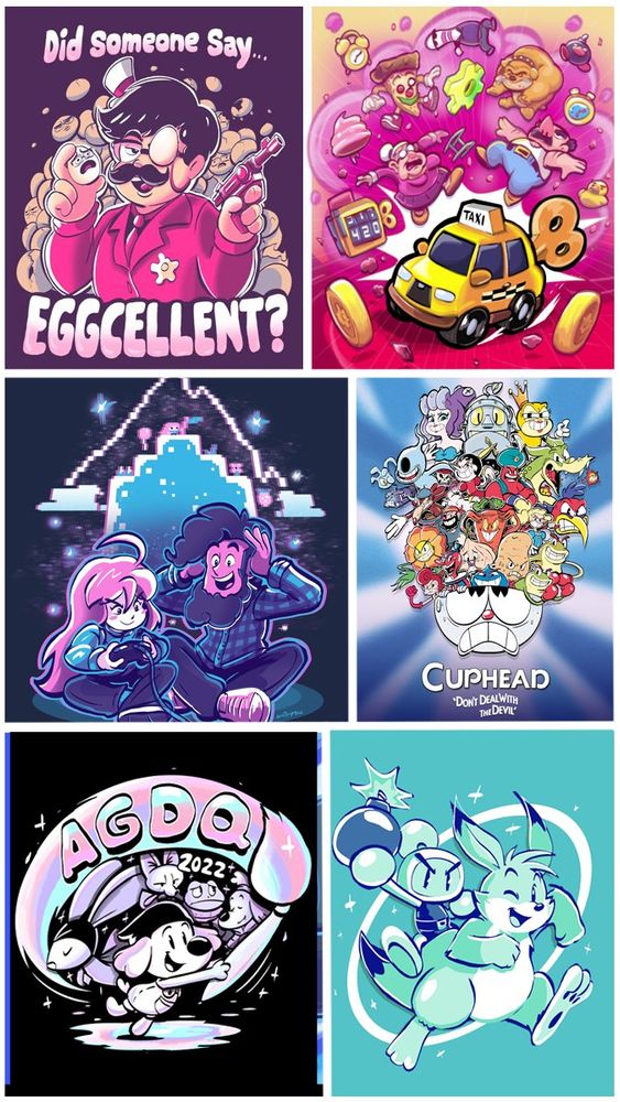 Various Art I made for ProZD, Yellow Taxi Goes Vroom, Celeste, CupHead, Chicory, and Bomberman.