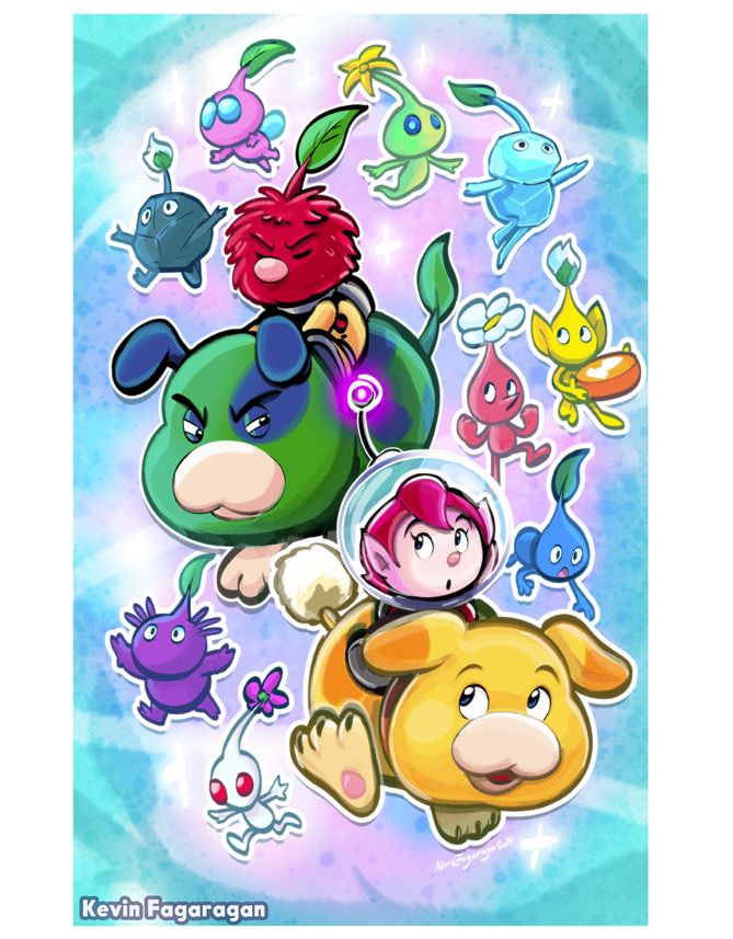 Pikmin 4. All Pikmin types, Olimar, Moss, The Protagonist and Oatchi. 