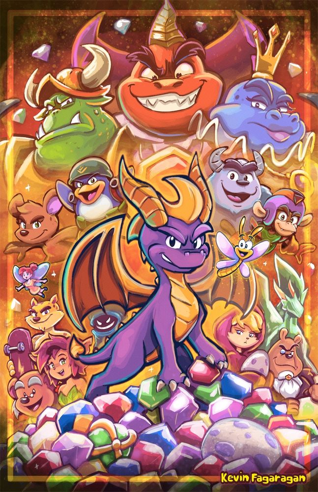Spyro The Dragon standing upon a pile of Gems, Orbs and Dragon Eggs.
Surrounded by various allies. Ripto, Gnasty Gnorc, and The Sorceress antagonistically loom over the cast.