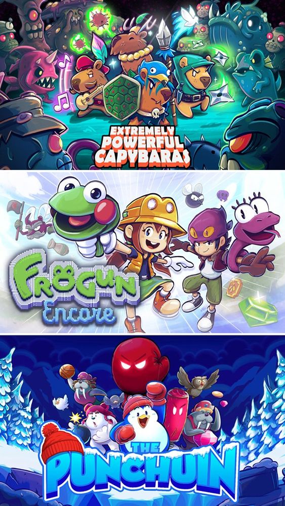 Key Art Illustrations I made for The Games, Extremely Powerful Capybaras, Frogun Encore, and The Punchuin. 