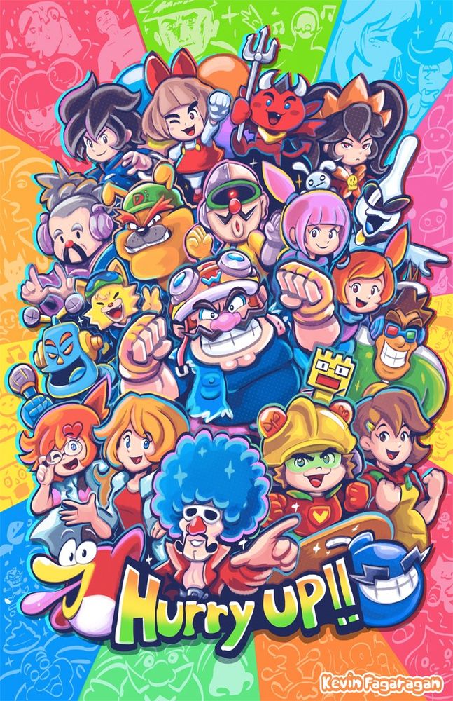 All the main characters from the WarioWare Series, Some of the minigames from the series are seen in the background.