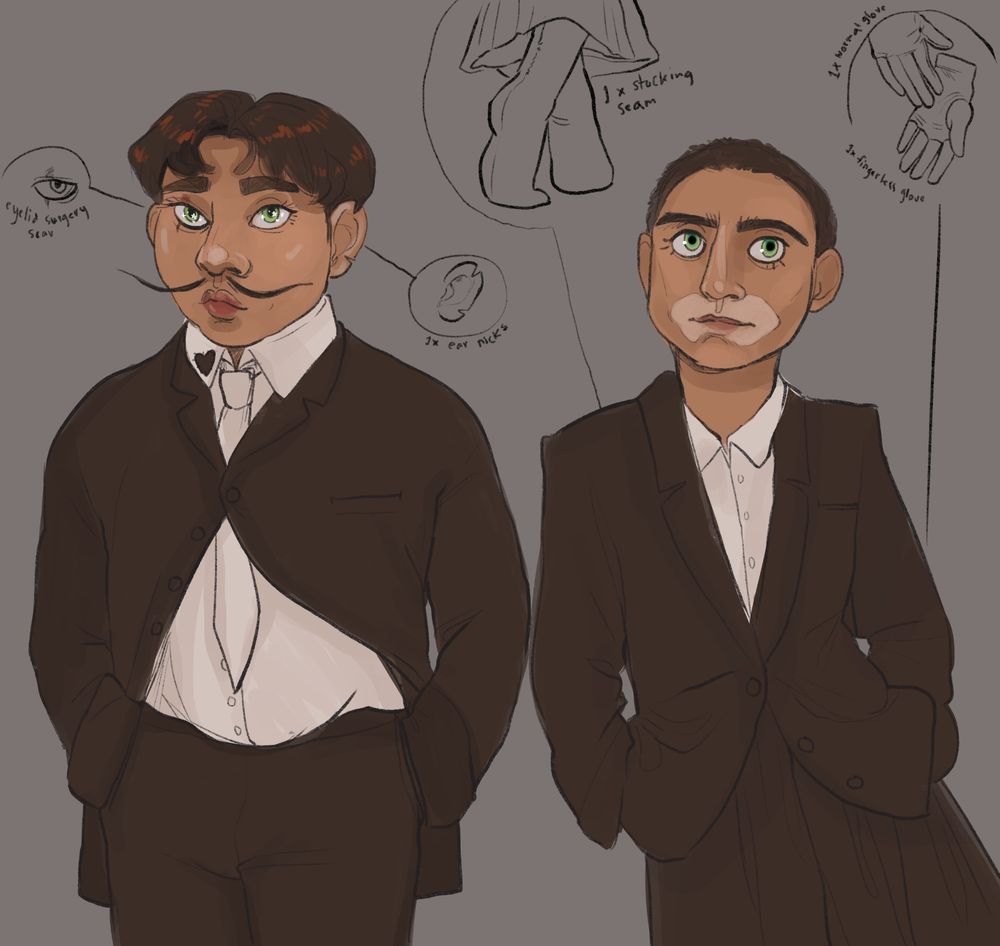 illustration of two brown skinned green eyed people in tuxedoes. he has kpop boy hair, uneven eyelids, a long moustache, and nicks in his ear. his belly is chubby. she is skinny with a buzz cut and vitiligo around her mouth. she wears a sharp square tux.  