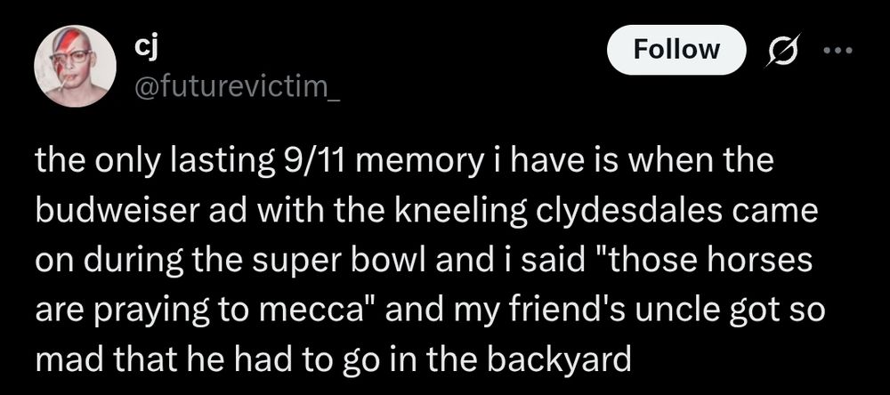 
cj
@futurevictim_
the only lasting 9/11 memory i have is when the budweiser ad with the kneeling clydesdales came on during the super bowl and i said "those horses are praying to mecca" and my friend's uncle got so mad that he had to go in the backyard
