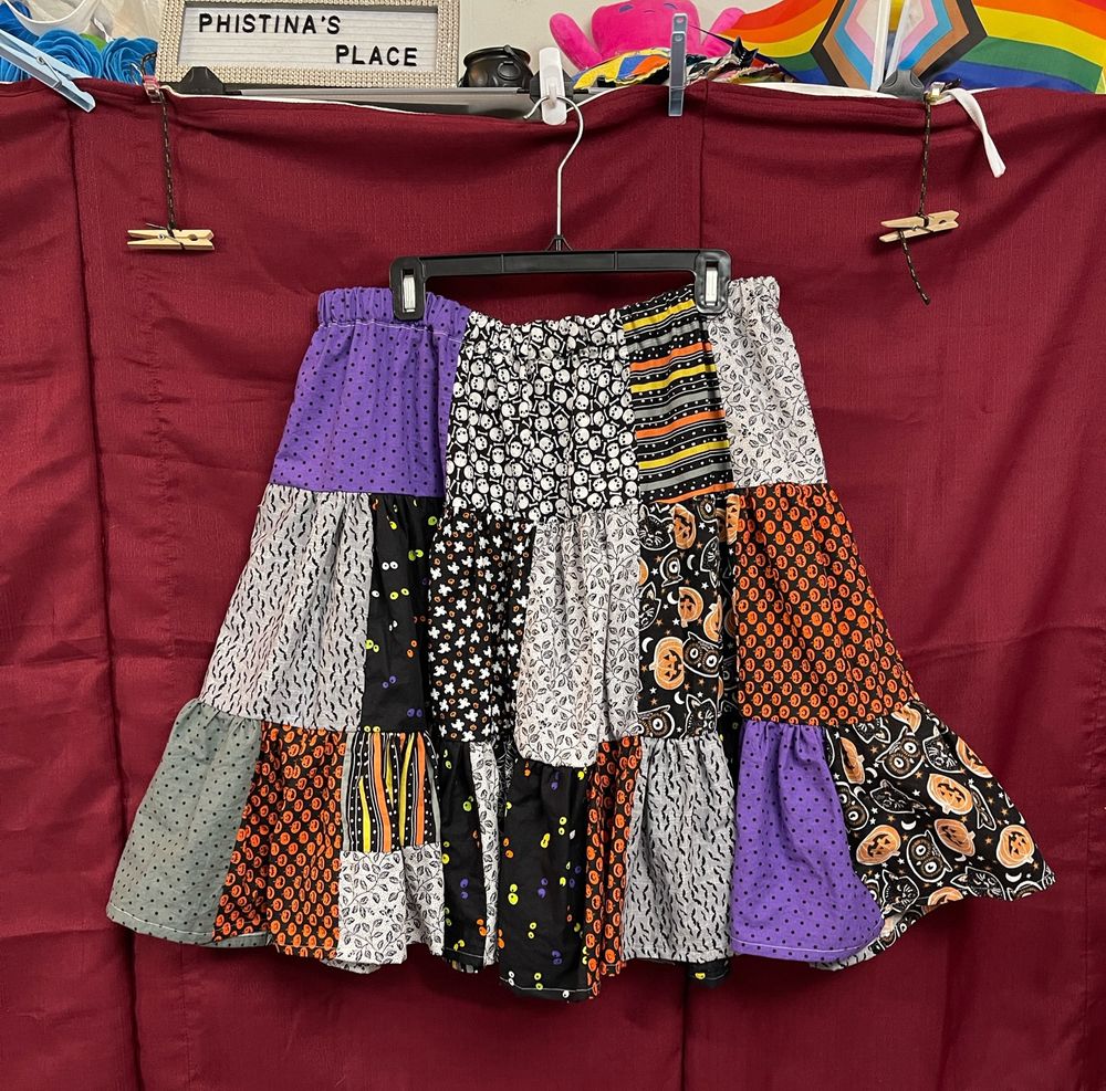 A patchwork skirt with Halloween themed fabric