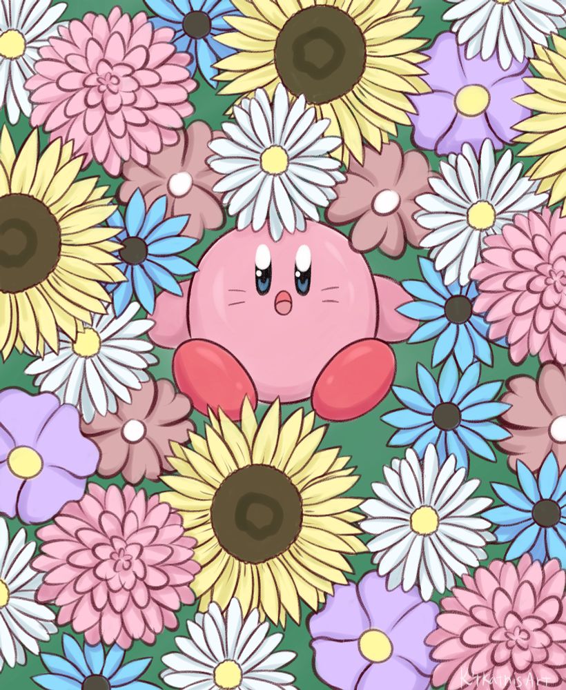 Kirby in the center frame with flowers surrounding him