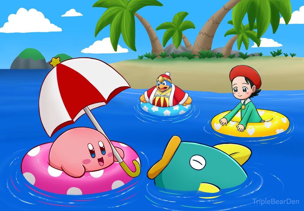 Kirby at the beach in a floaty with his parasol, looking at Kine in the water, Adaline and King Dedede are in the back also in floaties  

collab with my siblings