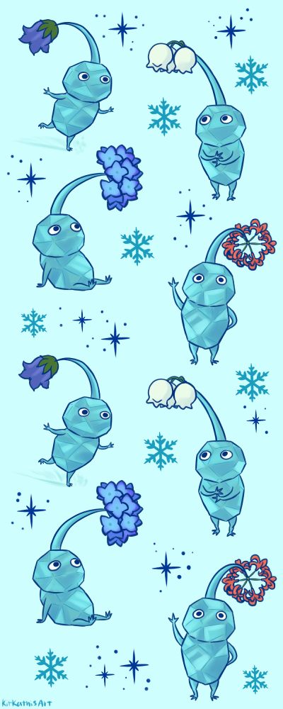 a phone wallpaper featuring 4 ice pikmin, one skating, one standing with arms crossed, one sitting, one waving. The 4 repeat at the bottom. Light blue background with snowflakes and blue twinkles 