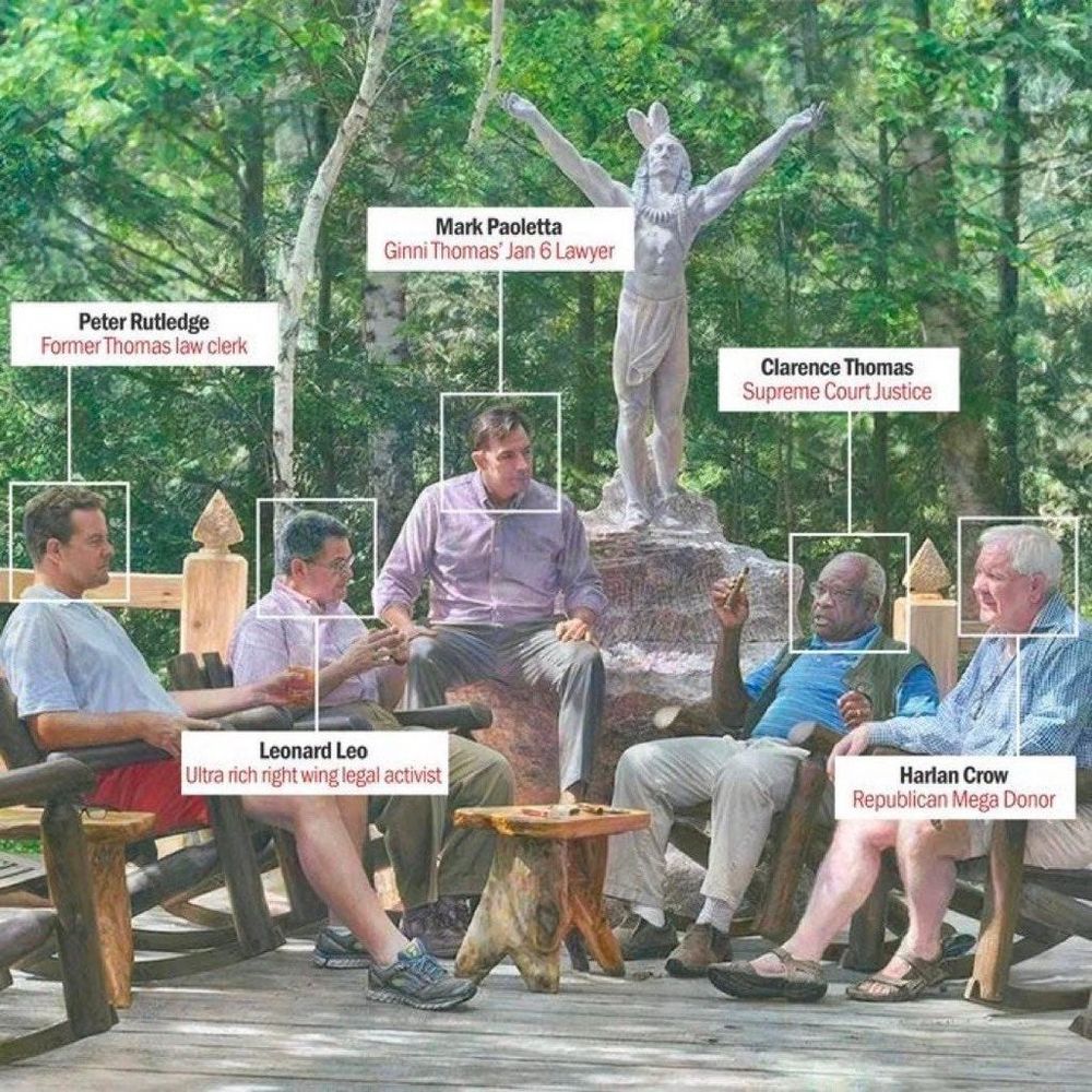Clarence Thomas enjoys a cigar with his patrons & financial contributors:

Mark Paoletta, Ginni Thomas* Jan 6 Lawyer

Peter Rutledge, Former Thomas law clerk

Clarence Thomas Himself

Leonard Leo, Ultra rich right wing legal activist

Harlan Crow
Republican, Mega Donor