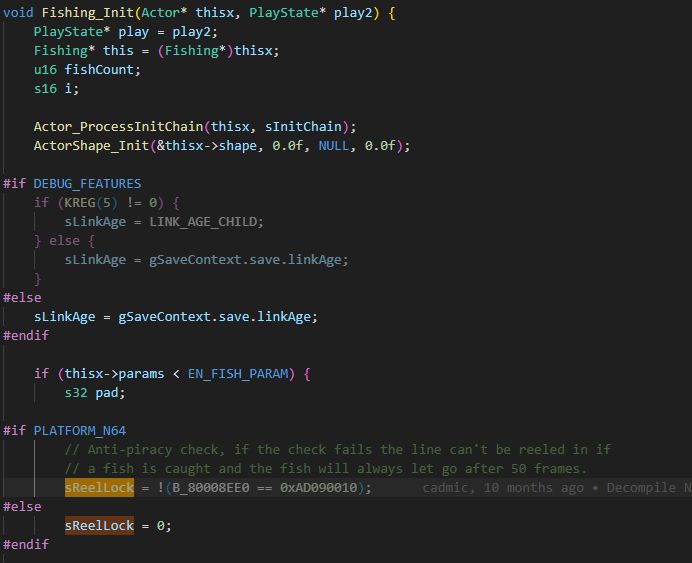 Code from the OoT decomp project showing the anti-piracy check involved with fishing. Specifically, if the code detects that the game has been pirated, it sets sReelLock to a non-zero value, which will cause problems in another part of the code (specifically `Fishing_UpdateFish`)