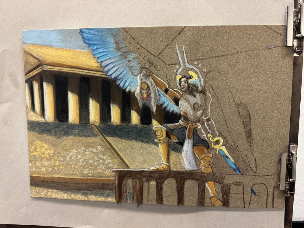 Traditional recreation of a screenshot in Ultrakill, but with tweaks to match requests made by professor. I’m fighting for my life trying to figure out how to use chalk pastels and this work in progress photo shows it is halfway complete. Gabriel’s helmet is replaced by the face of the model, with wings on the side of her (the model) head 
