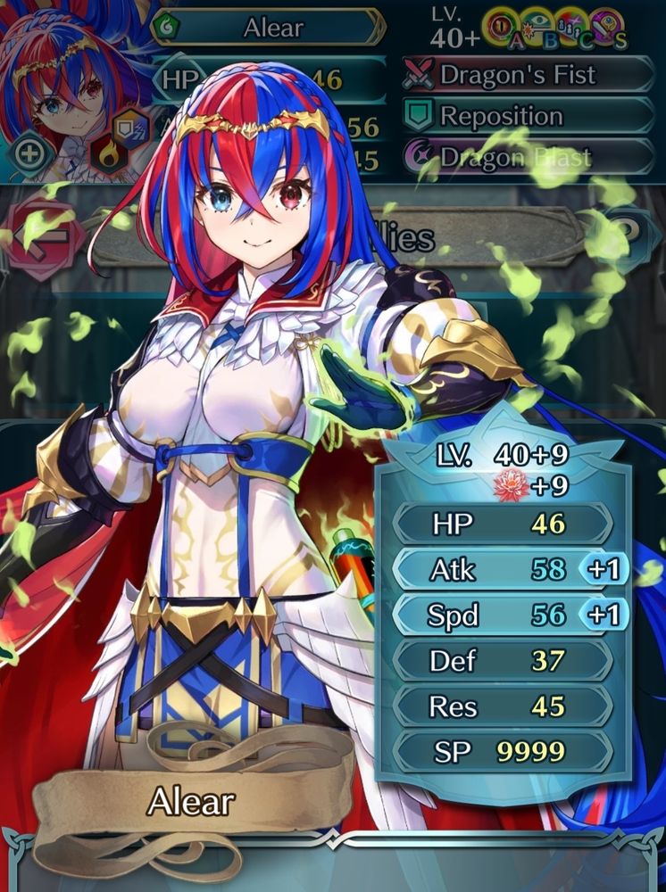 Merging a +9 Female Legendary Alear in Fire Emblem Heroes. She gained 1 ATK and 1 Spd. 
