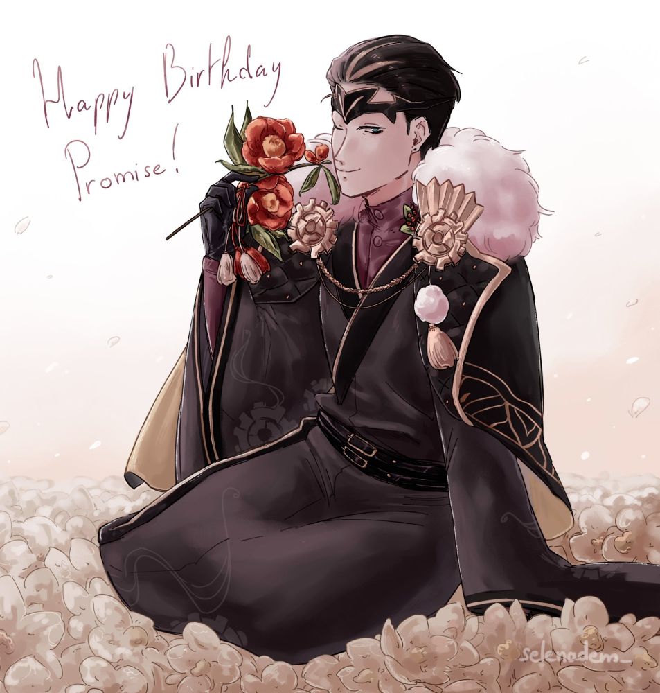 Art of New Year Fáfnir from Fire Emblem Heroes. He holds a bouquet of red flowers and is winking. He is seated on a bed of light-colored flowers. The caption reads "Happy Birthday Promise!"