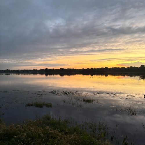 warm glow, calm lake — dawn transforms into sunrise with orange hues and scattered rain clouds floating above it all